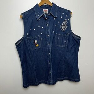 Vintage Disney Mickey Minnie Mouse Embroidered Jean Sleeveless Shirt Vest‎ XXL